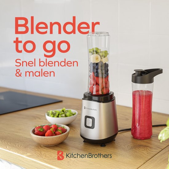 KitchenBrothers Mini Blender - Blender to Go - Smoothie Maker - 2 To-Go Bekers 600 ml - RVS van KitchenBrothers — afbeelding 2