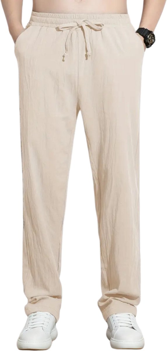 Nivard Linnen Broek Heren Zomerbroek Volwassenen Lange Broek Pantalon Strandbroek Zomer Ibiza Stijl Beige
