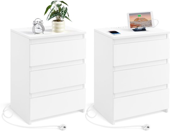 Yaheetech Set van 2 nachtkastjes met 3 schuifladen, boxspring, nachtkastje, bijzettafel, stabiele banktafel, console, kast voor slaapkamer en woonkamer, wit
