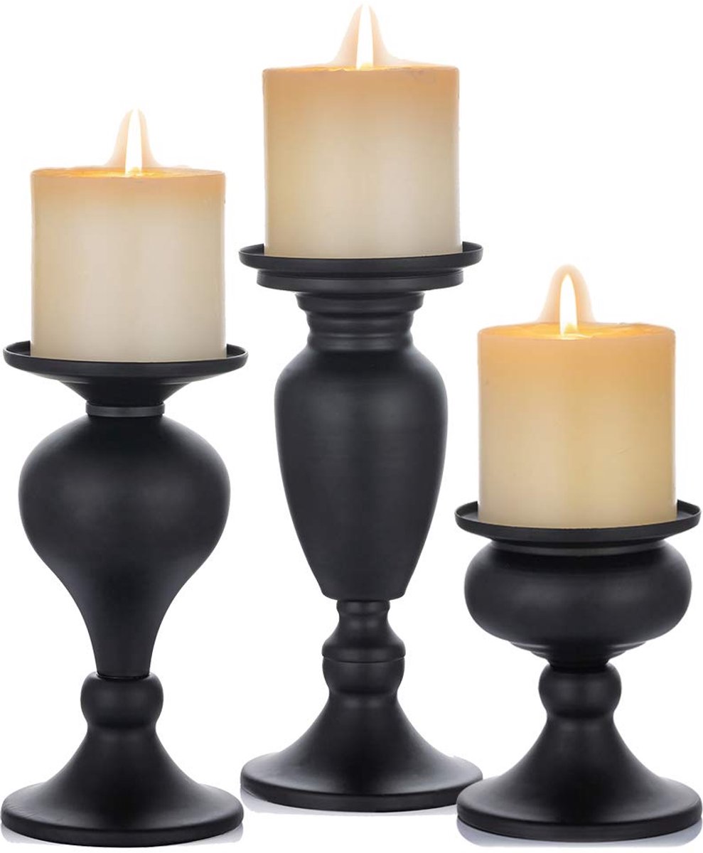 Ibenzoa® Set van 3 Elegante Zwarte Metalen Kaarsenhouders voor Stompkaarsen en Decoratieve Doeleinden