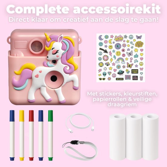 Roze kindercamera met eenhoorn, met stickers, kleurpotloden, papierrollen en draagriem.