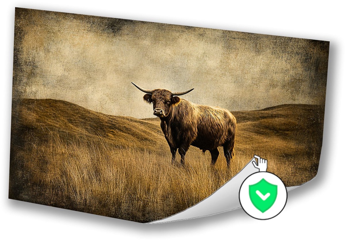 Vintage landschap met hooglander - Schotse hooglander poster - Muurdecoratie hooglander -