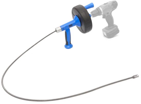 Ontstoppingsveer met blauwe handgreep, zwarte spoel en lange flexibele kabel.