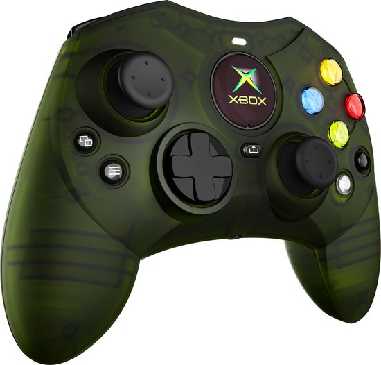 Doorzichtige groene Xbox controller met gestreept patroon, kleurrijke knoppen en Xbox logo.