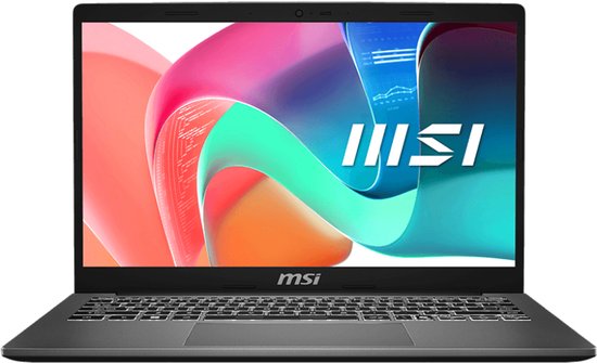 Zwarte MSI laptop, open, met verlicht toetsenbord en MSI logo op scherm.