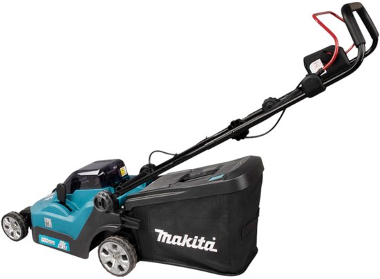 Zijaanzicht van turquoise en zwarte Makita grasmaaier.