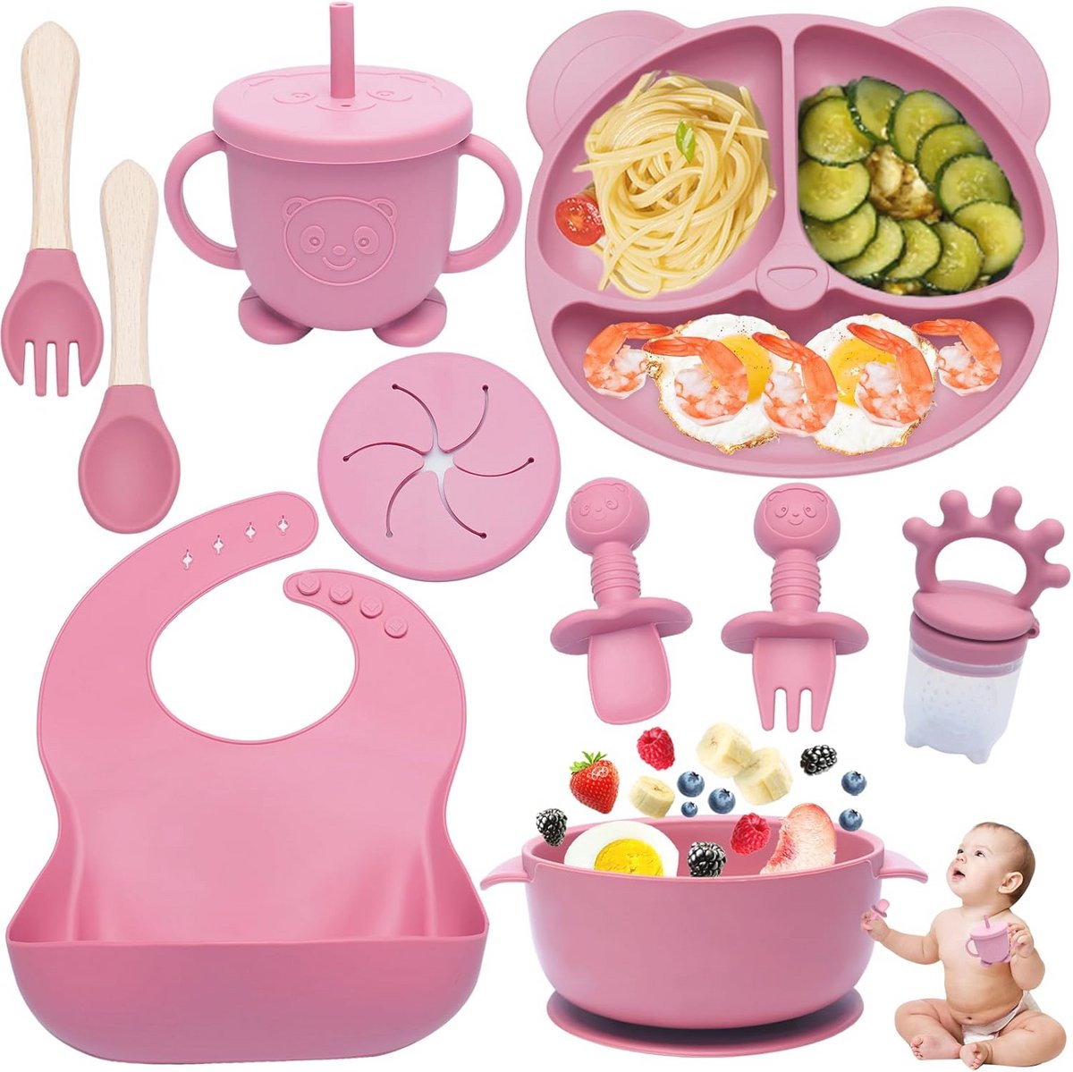 Image of 10-delige siliconen baby voedingsset met slabbetje, kommetje, beker en bestek - perfect voor zelf leren eten