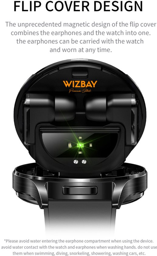 Open smartwatch met magnetisch deksel waar de oortjes in zitten.