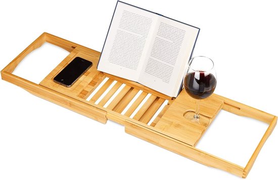 Relaxdays badplank bamboe, uitschuifbaar, 70-105 cm, met boekensteun, wijnglashouder, groot badrek, natuur/zwart