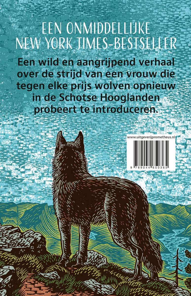Achterkant van een boek met een wolf die staat met de rug naar de kijker, bergen op de achtergrond, en tekst die een bestseller van de New York Times aankondigt.