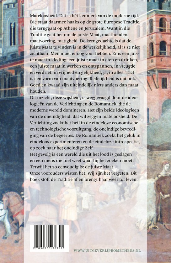 Dos d'un livre avec du texte, une image d'un paysage urbain médiéval et un code-barres.