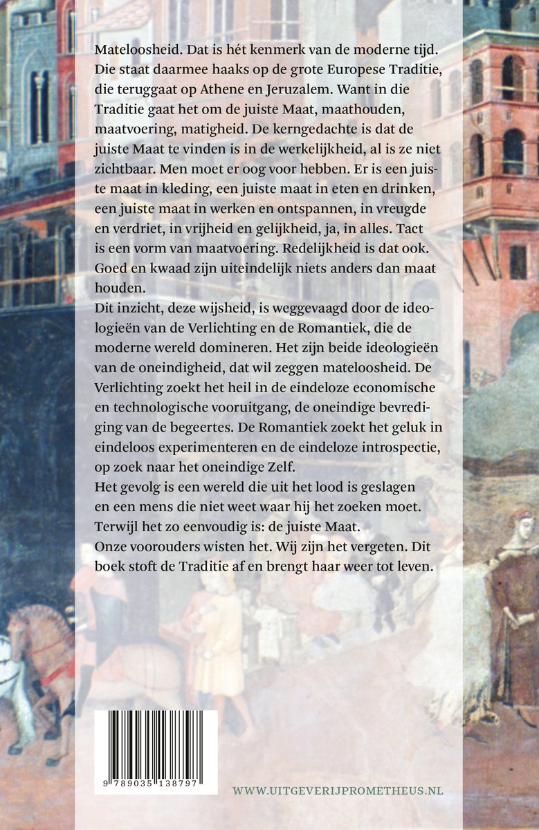 Dos d'un livre avec du texte, une image d'un paysage urbain médiéval et un code-barres.