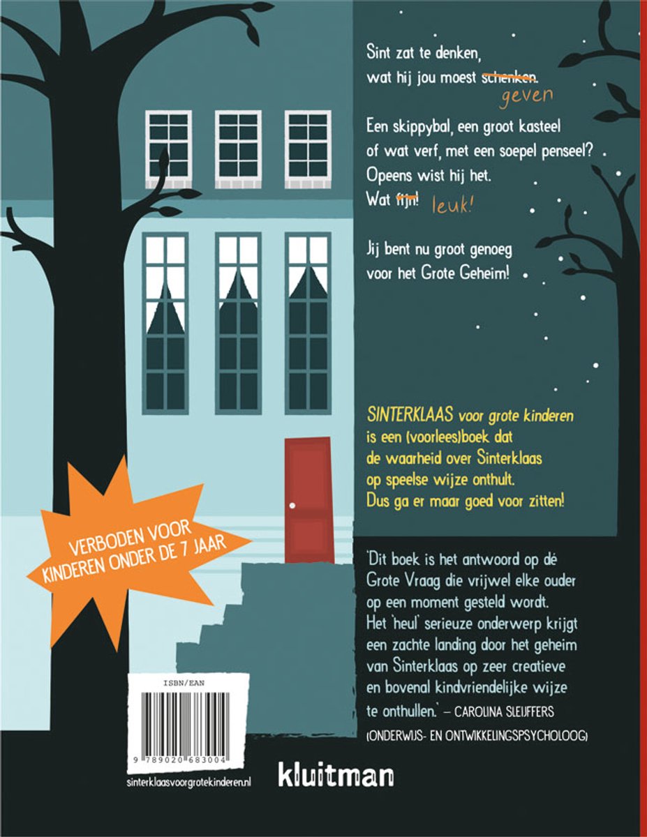 De achterkant van een kinderboek met een gedicht en informatie over Sinterklaas. Een huis met ramen, een deur en een boom.
