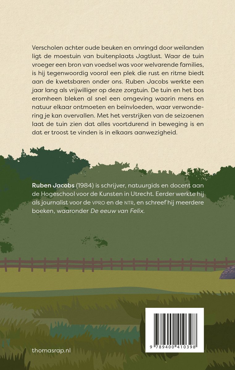 Boekomslag met tekst over de zorgtuin Jagtlust en auteur Ruben Jacobs.