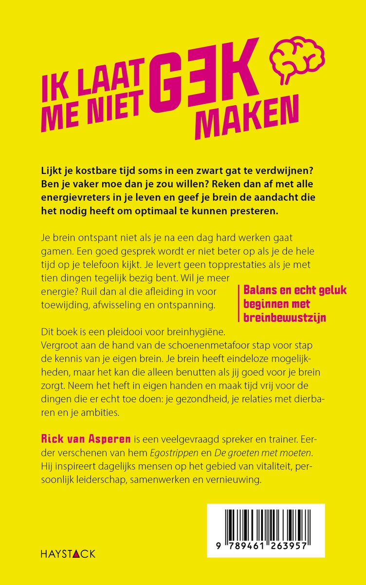 Achterkant van een boek met tekst en een barcode. De titel "Ik laat me niet gek maken" staat bovenaan.
