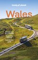 Lonely Planet gids voor Wales, met twee kabelbanen op een groen heuvelachtig landschap. 'Kies je favoriete wandeling, Wales Way roadtrip, Eten & drinken gids'.