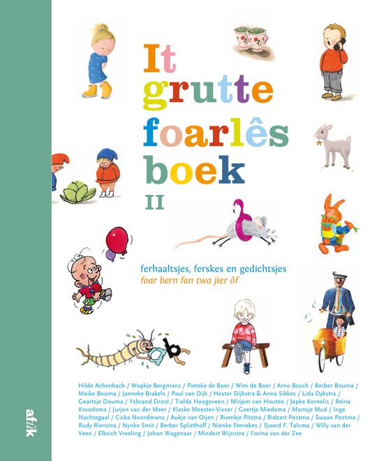 De cover van 'It grutte foarlêsboek II' met een collage van diverse kinderlijke illustraties van dieren, kinderen en een worm. In het midden staat de titel.