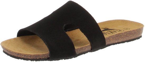 Zwarte Plakton slipper met een brede band over de wreef en een kurken zool.