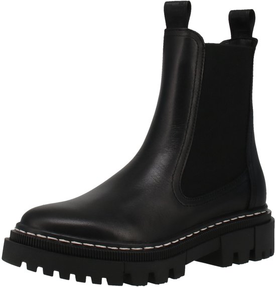Zwarte Tamaris chelsea laars met witte stiksels, elastische zijkanten en grove zool.