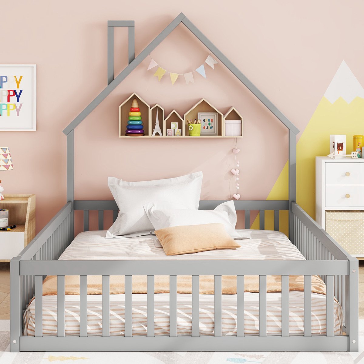 SINGULARITY Kinderbed-140 x 200 cm-Huisvorm-met-lattenbodem (zonder matras)-Pine-Minimalistische stijl-Grijs