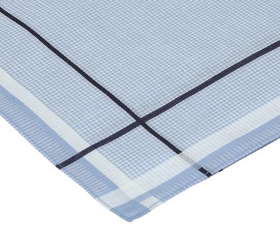 Detail van een lichtblauwe zakdoek met ruitpatroon en een gestreept accent.