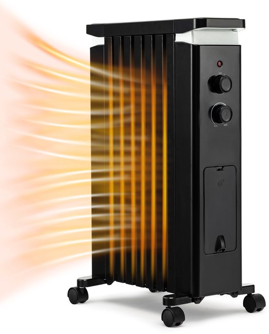 COSTWAY Olieradiator, 1500 W, 7 ribben, radiator, 5-35 °C, elektrische verwarming, 3 warmtestanden met wielen, bevochtiger en thermostaat (zwart)
