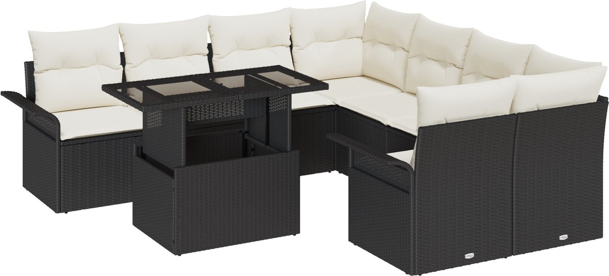 vidaXL - Tuinbank - Set - met - kussen - met - opslag - 9 - pcs - Zwart - Poly - Riet