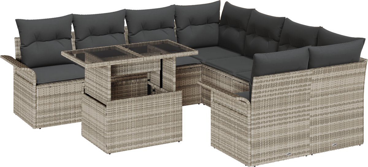 vidaXL - Tuinbank - Set - met - kussen - met - opslag - 9 - pcs - Lichtgrijs - Poly - Riet