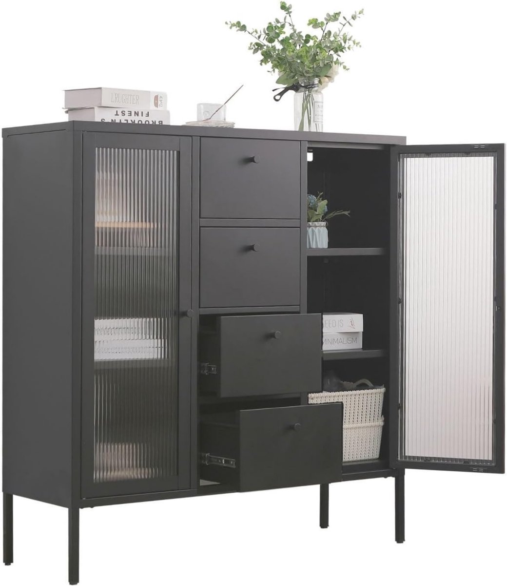 Coemo Mein-Regal Highboard Paris Zwart Bijzetkast Woonkamermeubel Metalen kast Legplank en glazen deuren, ladekast voor boeken en decoraties LxBxH ca. 105x35x110 cm