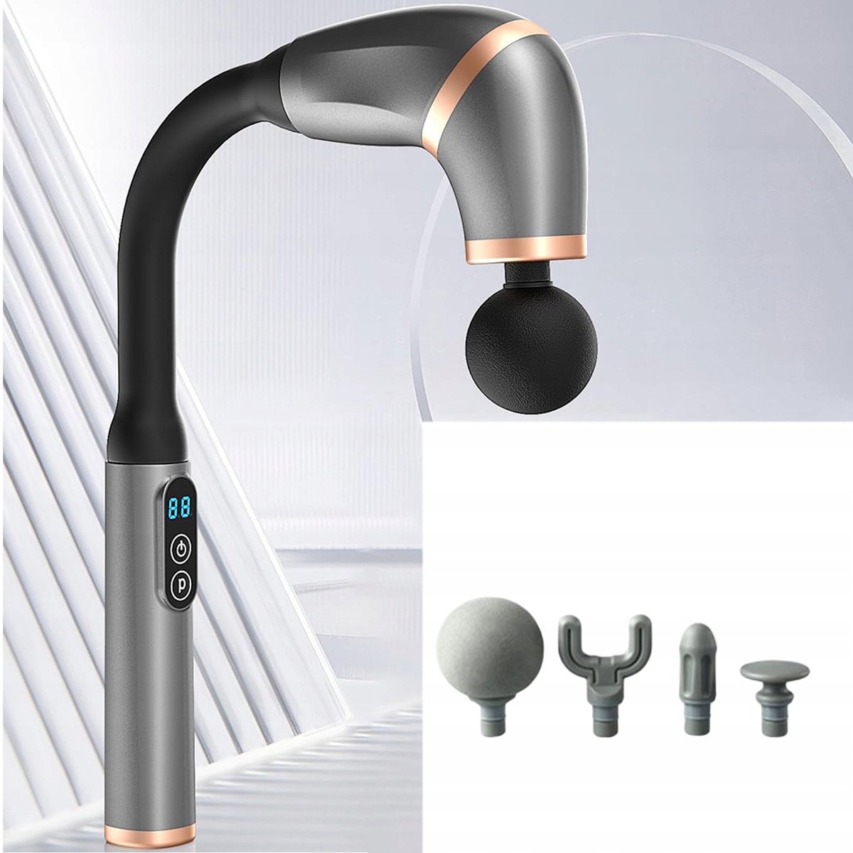 Elbow Fascia Gun met lange handgreep - vaderdag cadeau - Massagepistool - LCD-scherm - 4 massagekoppen - 3 standen - 6 snelheden - 2000 mAh - Zilvergrijs