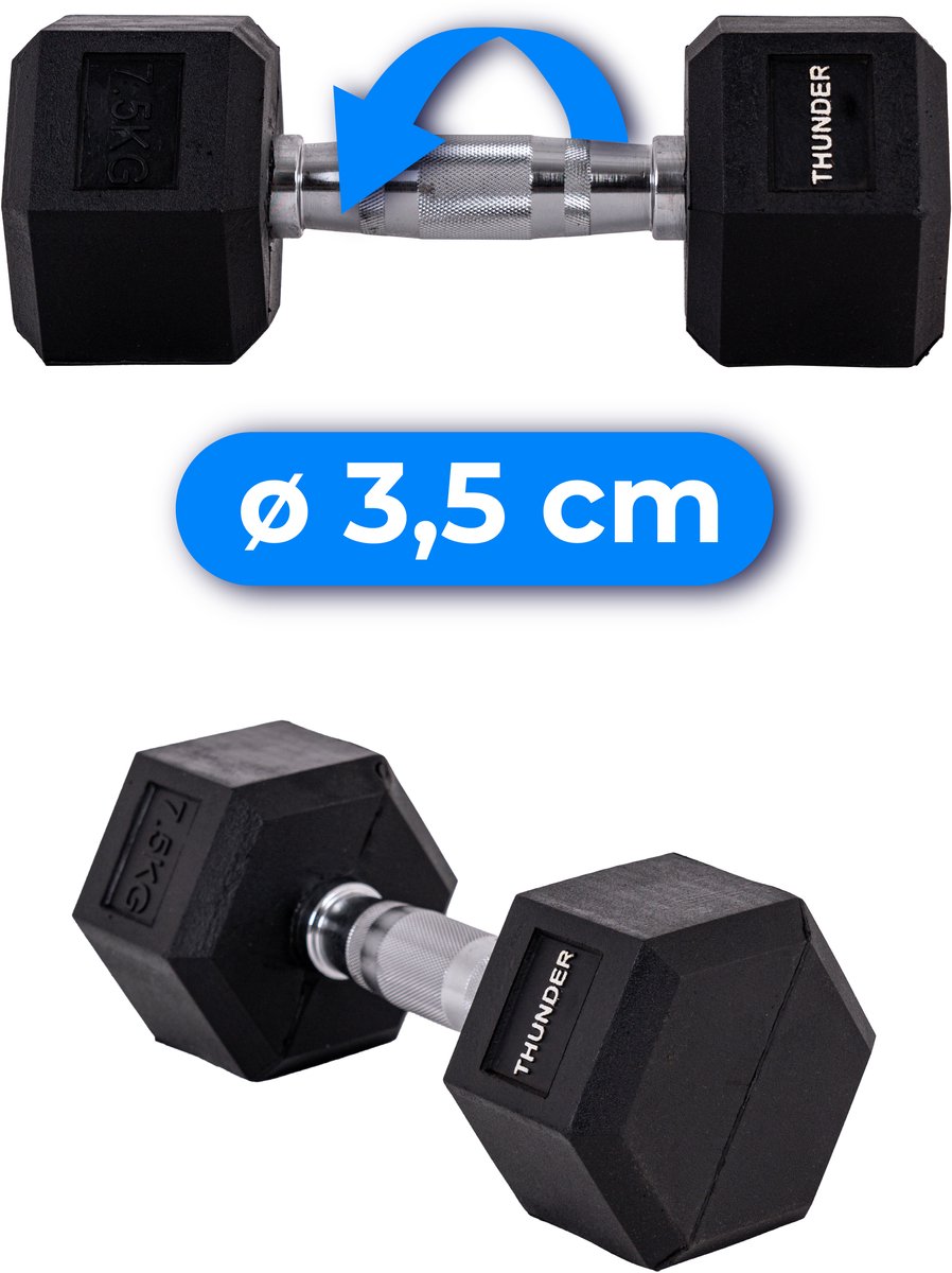 THUNDER® HEXAGONAL-DUMBBELLS-7,5KG Zwarte Rubberen Halter Stalen Kern Voor Krachttraining & Fitness Antislip Duurzaam & Professioneel Per Stuk - Stevige Grip – foto 2