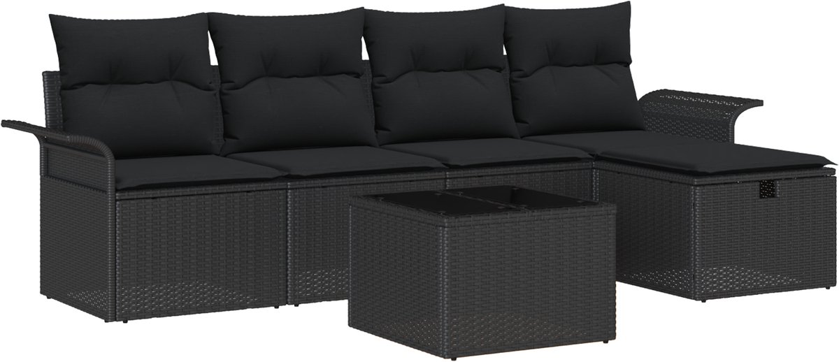 vidaXL - Tuinbank - Set - met - kussen - met - opslag - 6 - pcs - Zwart - Poly - rattan