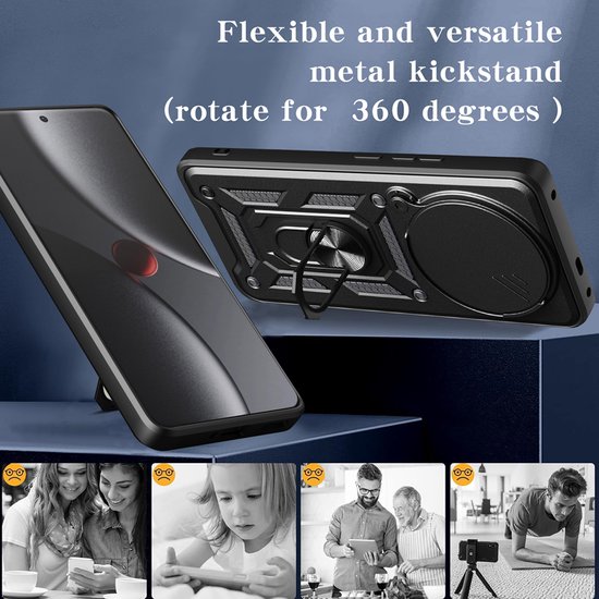 Zwarte telefoonhoes met metalen ringstandaard die 360 graden kan draaien. Diverse toepassingen getoond.