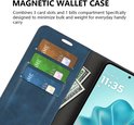 Blauw telefoonhoesje geopend met drie kaartsleuven met creditcards en een bankbiljet, en een telefoon met klok.