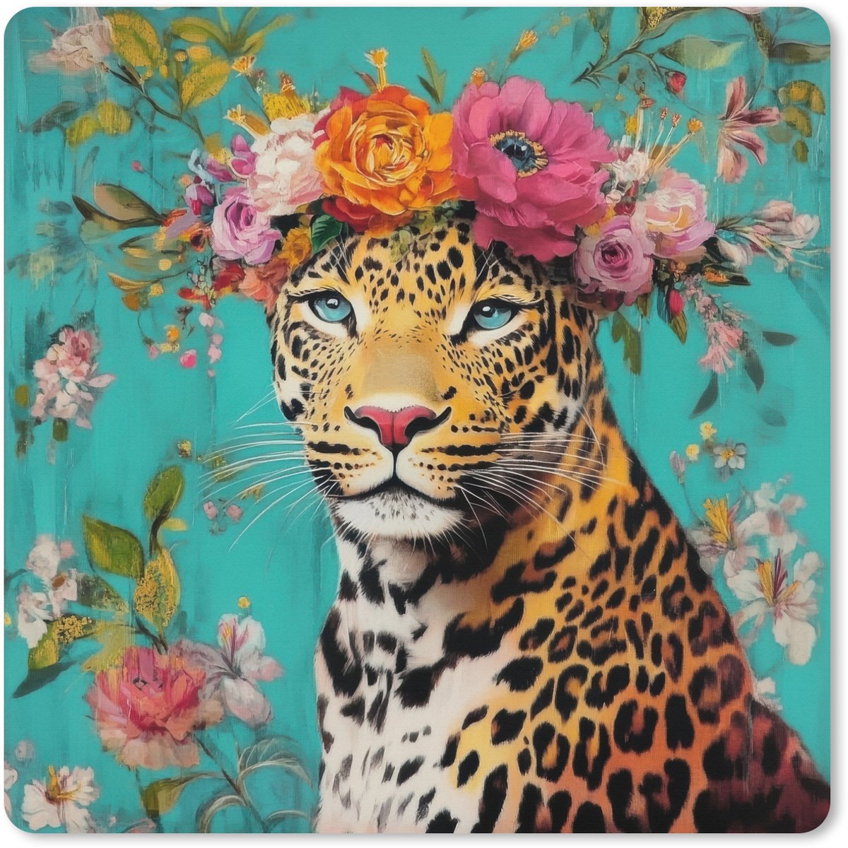 Muismat XXL 50x50 cm - Bureau onderlegger - Bureau mat Luipaard - Bloemen - Kroon - Bureaumat - Gaming mousepad xl - Bureaulegger groot - Computer deskmat