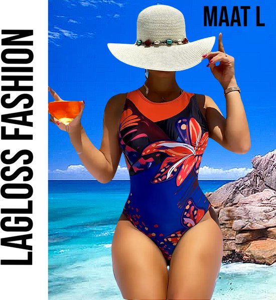 Maillot de bain LaGloss® Blauw à motif floral rouge – Col rond – Push-up et bonnets amovibles – Taille L
