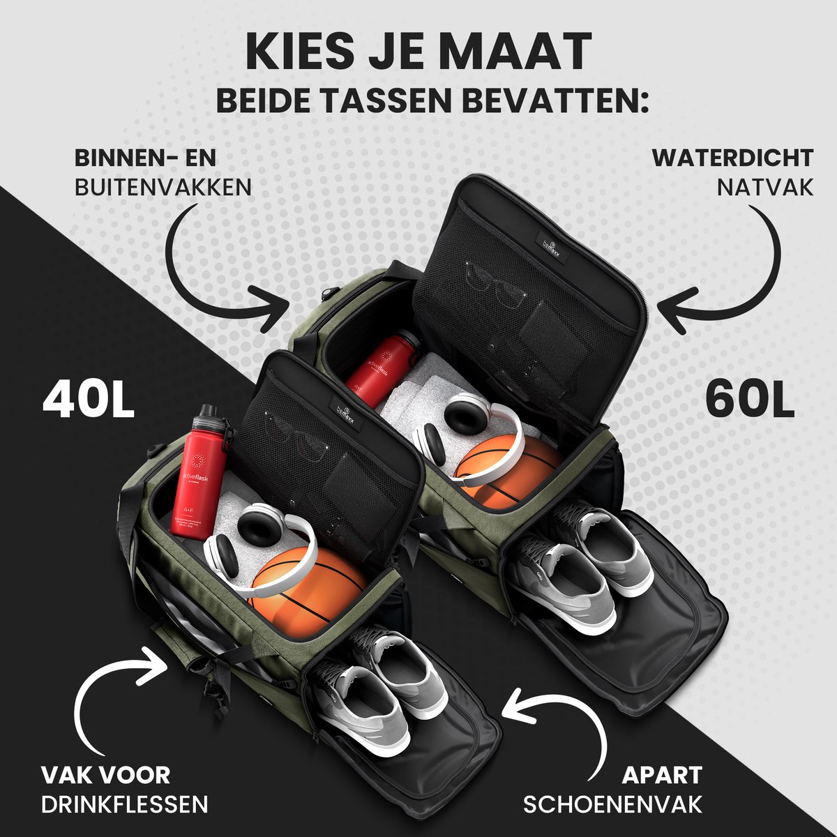 bemaxx Sporttas Gymbag Reistas 40L / 60L | Trainingstas met Rugzak-Functie Schoenencompartiment Vak voor natte Kleding | Sportrugzak Fitness Tas Weekender Zwemtas Duffelbag Sportzak Fitnesszak Sportbag Heren - 40L, Groen thumbnail 7
