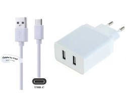 OneOne 2.4A lader met 2 poorten + 0,25m standaard USB C kabel. Oplader adapter past op Samsung Galaxy A02s, A03s, A04, A05s, A13, A23, A52s, A21s, F06, Note 7 / 8 / 9 / 10 / 10+ / 10 Lite / 20 / 20 Ultra, F41, M33, M23, M16, M35, A11, C55
