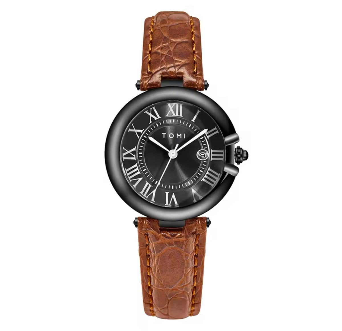Tomi Luxe Horloge | Elegante Horloge | 34MM | Bruine Leren band | Zwarte Wijzerplaat | Dames Horloges