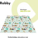 Dubbelzijdig educatief speelkleed met treinmotief. Afmetingen 180x197x1 cm.