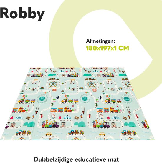 Dubbelzijdig educatief speelkleed met treinmotief. Afmetingen 180x197x1 cm.