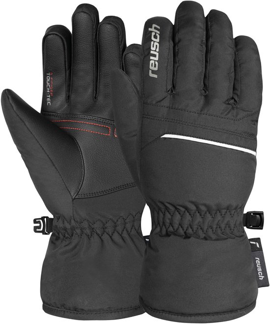Zwarte Reusch ski-handschoenen met grijze logo's, witte accentstreep en ritssluiting op de pols.
