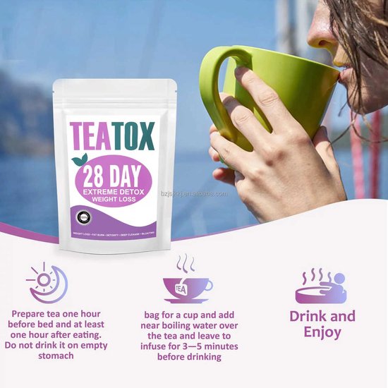 Vrouw drinkt thee uit een groene mok naast 'TEATOX 28 DAY EXTREME DETOX WEIGHT LOSS' verpakking en bereidingsinstructies.