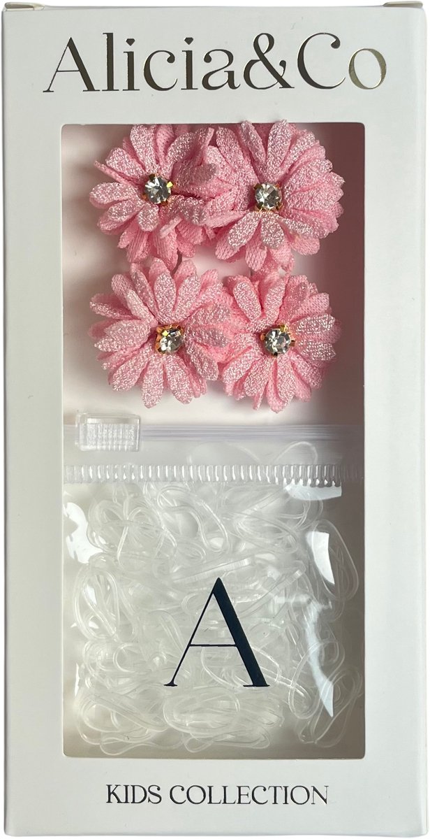 Alicia&Co – Tiny Tie & Diamond Flower Set – Pink - Set van 2 kleine alligator haarclips en 1 zakje met kleine transparante haarelastiekjes - cadeau - kraamcadeau - haarspelden & clips - haarelastiekjes kind - haarspeldje kind - haarspeldje baby