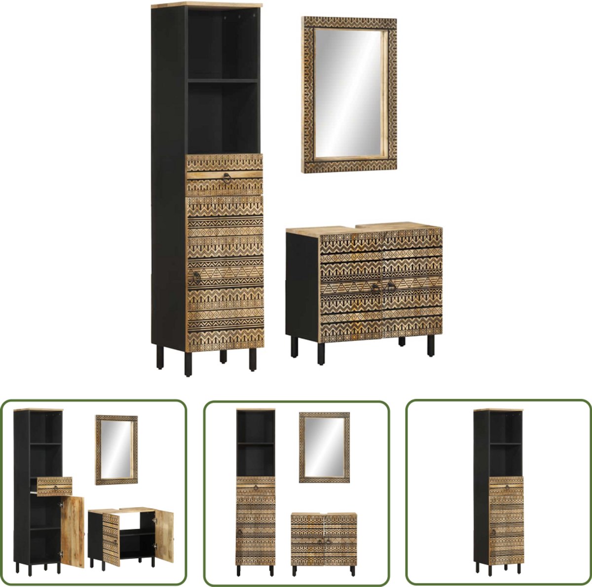 The Living Store 3-delige Badkamermeubelset massief mangohout - Badkamermeubel - Badkamerinrichting - Mango Wood - Hangkast - Spiegeltje
