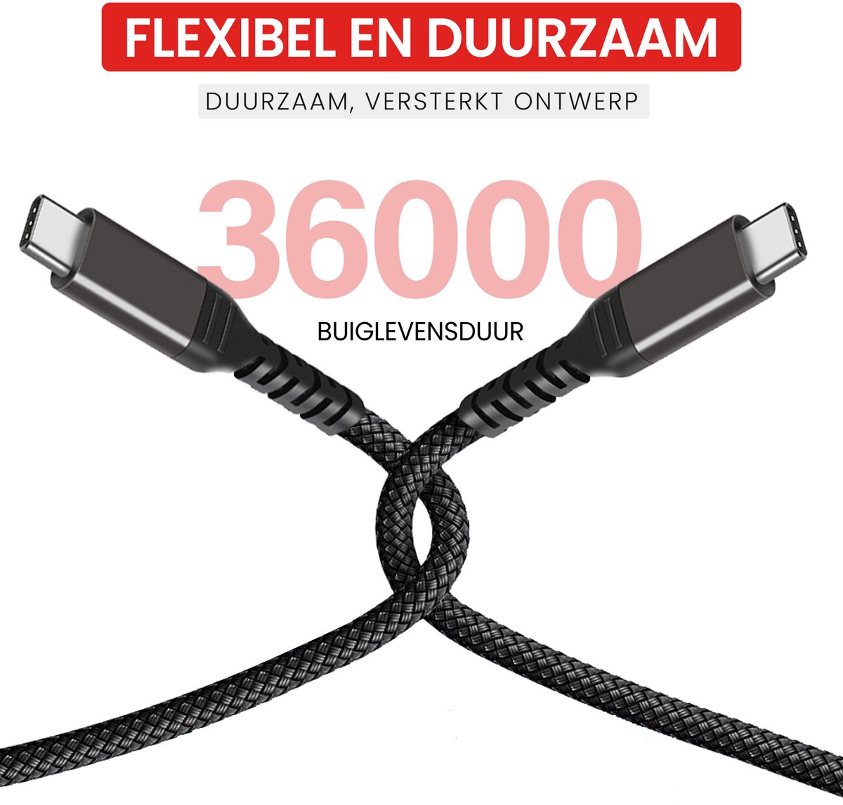 USB-C naar USB-C kabel 2m, 100W snelladen, 20Gbps data, nylon gevlochten, voor MacBook, iPhone 15, Samsung Galaxy - Afbeelding 3