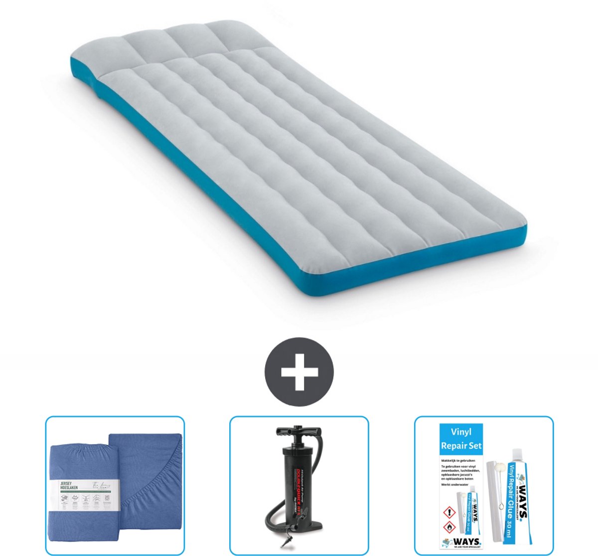 Intex Campingmat - Twijfelaar - 72 x 189 x 20 cm - Blauw - Inclusief Hoeslaken - Pomp en Reparatieset