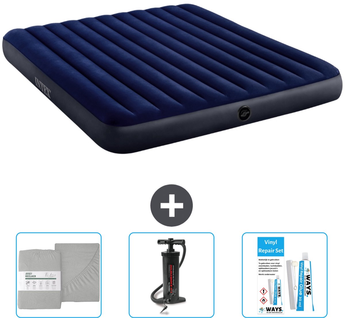 Intex Luchtbed - 2-Persoons - 183 x 203 x 25 cm - Blauw - Inclusief Hoeslaken - Pomp en Reparatieset