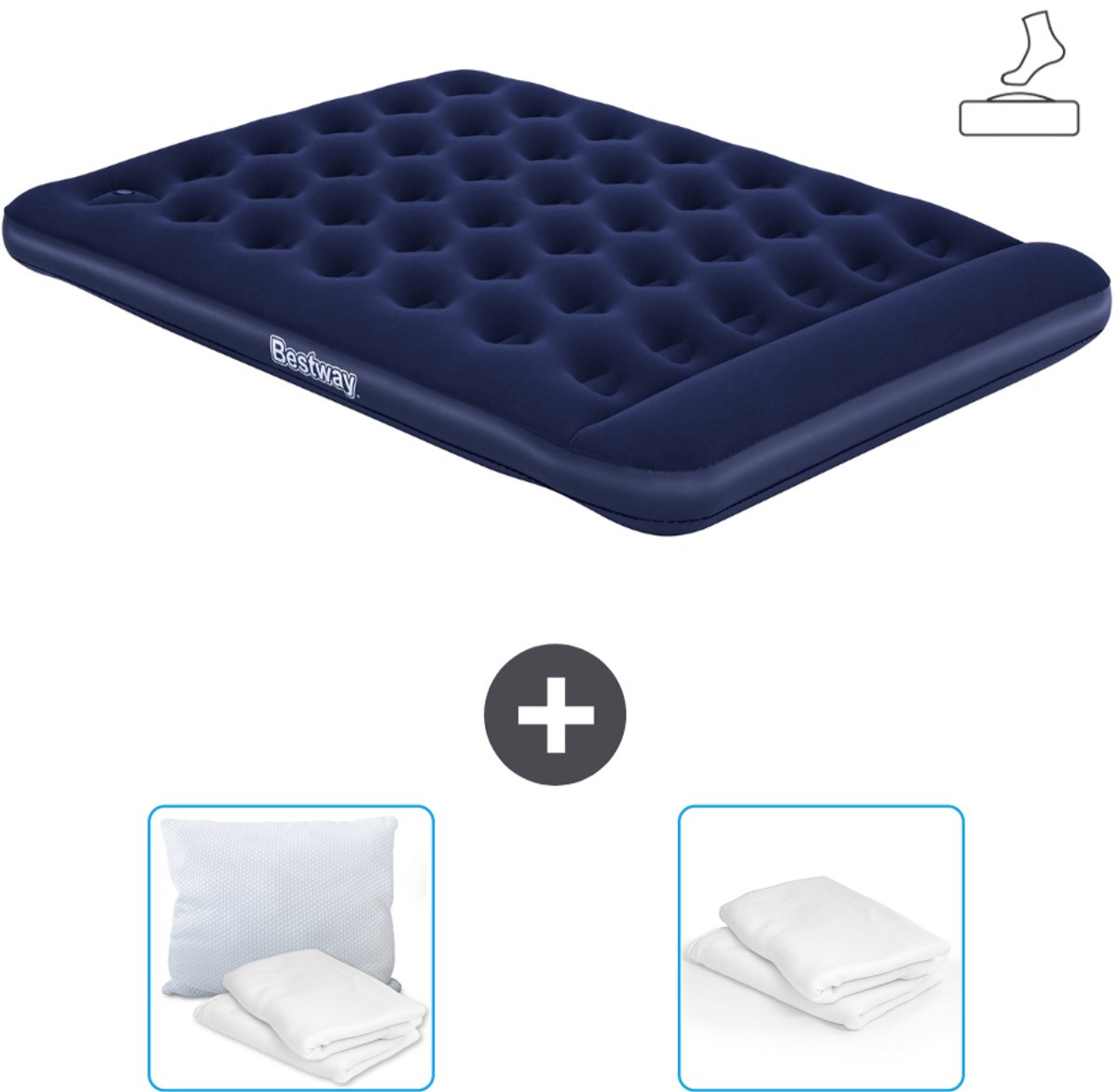 Bestway luchtbed - 2-Persoons - 152 x 203 x 28 cm - Blauw - Inclusief pomp - Kussen en Kussenbeschermer
