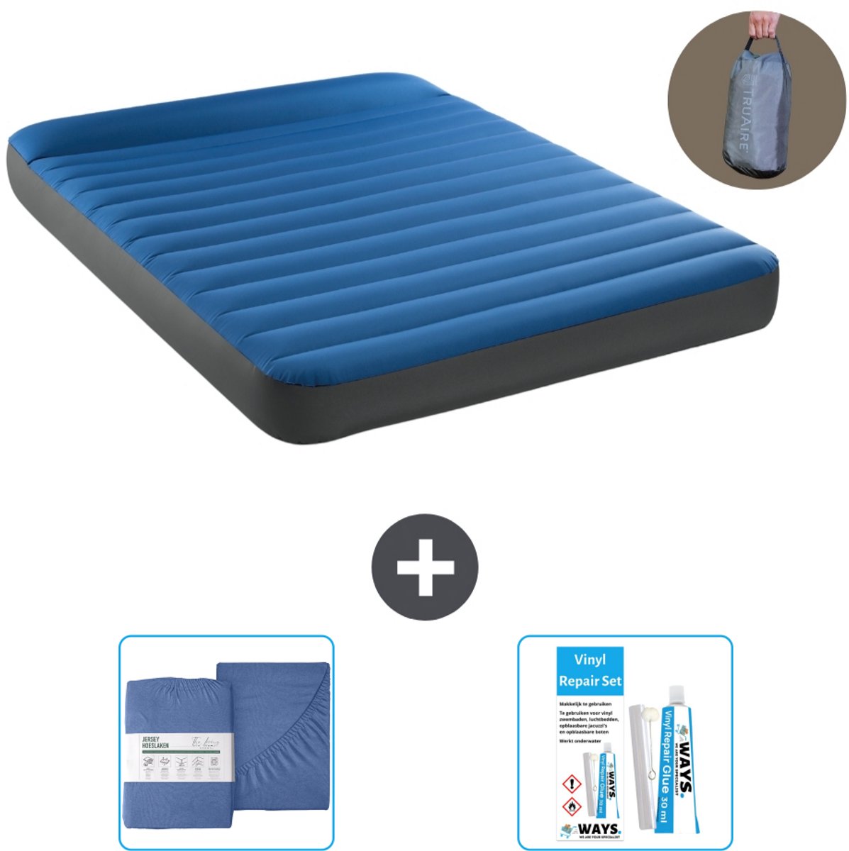 Intex Luchtbed - 2-Persoons - 152 x 203 x 22 cm - Blauw - Inclusief pomp - Hoeslaken en Reparatieset